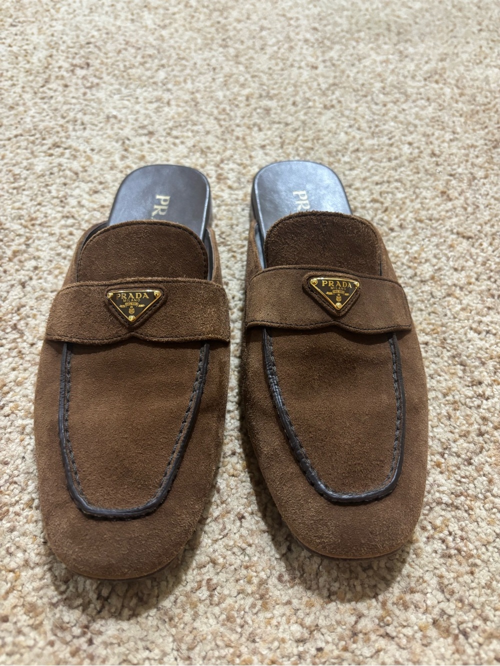Prada Brown Suede Backless Loafer Mules with Gold Logo - Picture 2 of 8
